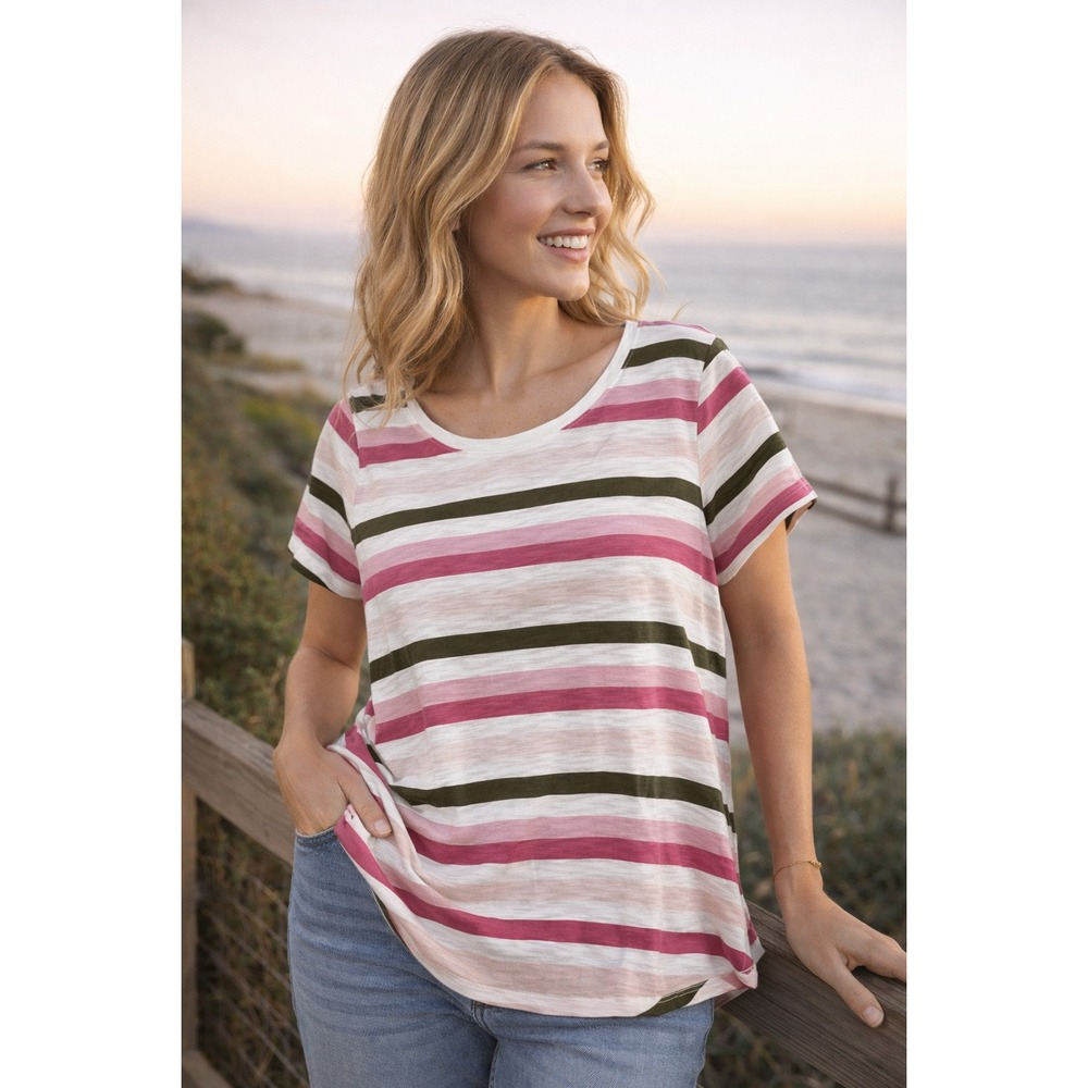 Talbots Womens Top 2XL Pink White Black Stripe Back Buttons Short Sleeve Hi-Low